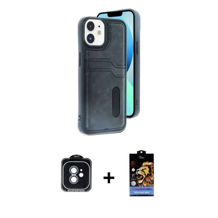 MARSİLYAN™- iPhone 11 Kılıf Yörünge Işık Serisi - Siyah Buffer Hayalet Cam Ekran Koruyucu + PVD Metal Kamera Lens - MI