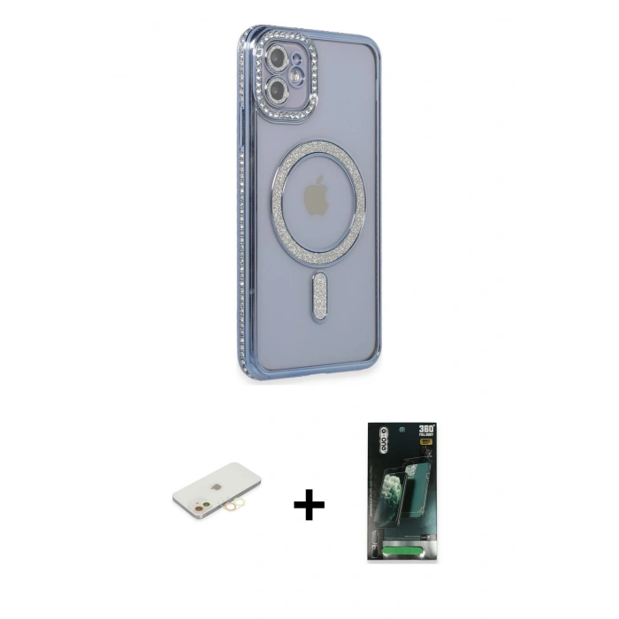 MARSİLYAN™- iPhone 11 Kılıf Zirve Doku Prime - Şeffaf 360 Full Body Arka Koruyucu + Renkli Kamera Lens Koruma Cam - SI