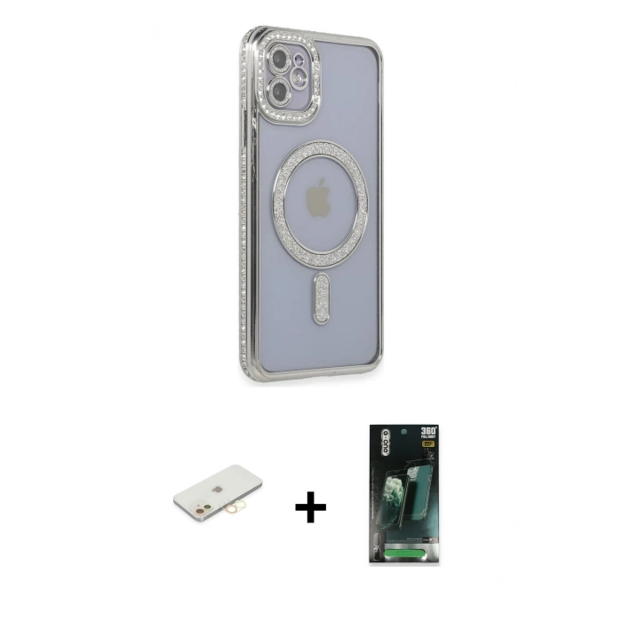 MARSİLYAN™- iPhone 11 Kılıf Zirve Doku Prime - Şeffaf 360 Full Body Arka Koruyucu + Renkli Kamera Lens Koruma Cam - SI