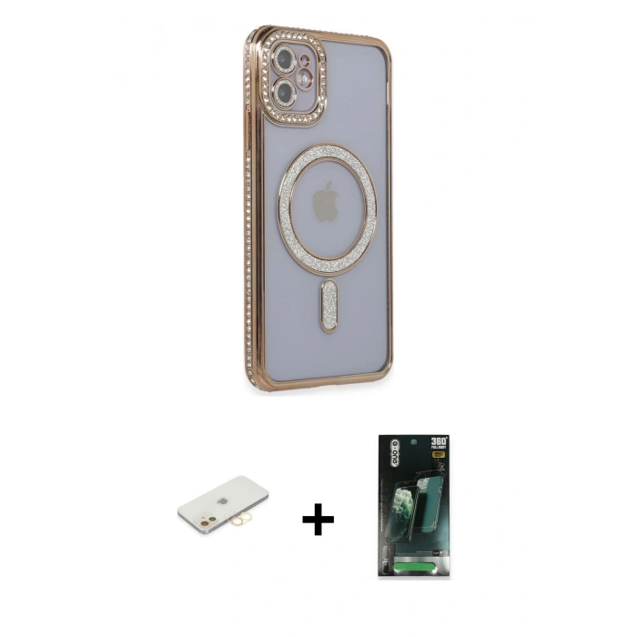 MARSİLYAN™- iPhone 11 Kılıf Zirve Doku Prime - Şeffaf 360 Full Body Arka Koruyucu + Renkli Kamera Lens Koruma Cam - SI