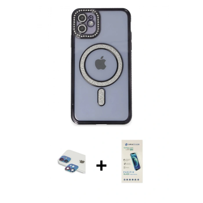 MARSİLYAN™- iPhone 11 Kılıf Zirve Doku Prime - Şeffaf Pasifik Cam Ekran Koruyucu + Pers Alüminyum Kamera Lens - GI