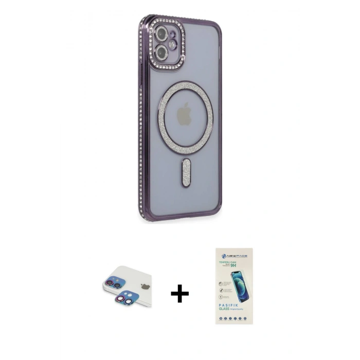 MARSİLYAN™- iPhone 11 Kılıf Zirve Doku Prime - Şeffaf Pasifik Cam Ekran Koruyucu + Pers Alüminyum Kamera Lens - GI