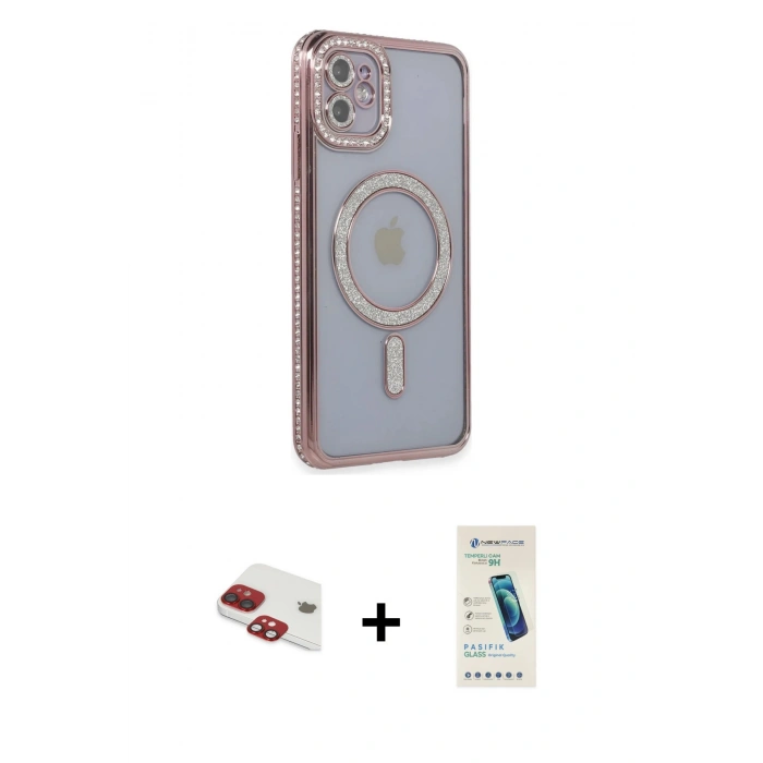 MARSİLYAN™- iPhone 11 Kılıf Zirve Doku Prime - Şeffaf Pasifik Cam Ekran Koruyucu + Pers Alüminyum Kamera Lens - KI