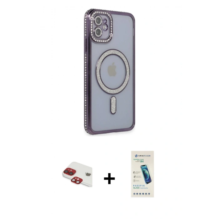 MARSİLYAN™- iPhone 11 Kılıf Zirve Doku Prime - Şeffaf Pasifik Cam Ekran Koruyucu + Pers Alüminyum Kamera Lens - KI