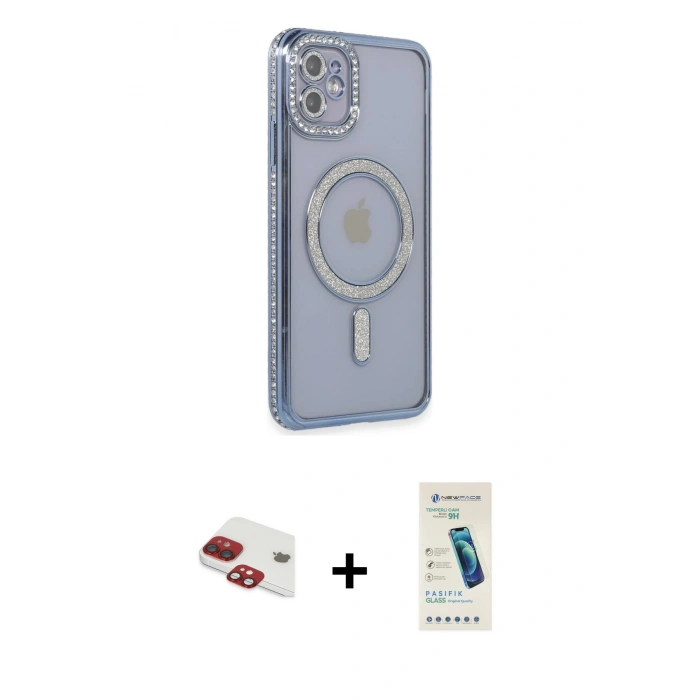MARSİLYAN™- iPhone 11 Kılıf Zirve Doku Prime - Şeffaf Pasifik Cam Ekran Koruyucu + Pers Alüminyum Kamera Lens - KI