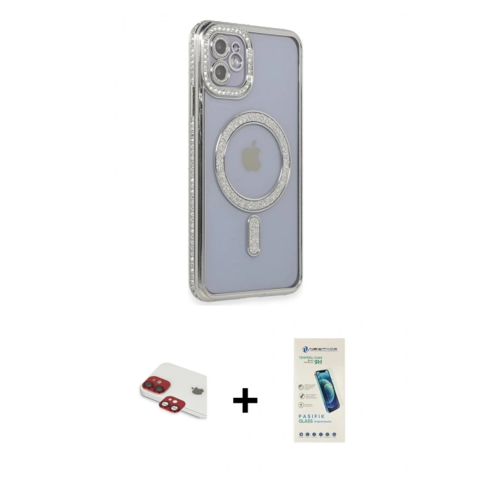 MARSİLYAN™- iPhone 11 Kılıf Zirve Doku Prime - Şeffaf Pasifik Cam Ekran Koruyucu + Pers Alüminyum Kamera Lens - KI
