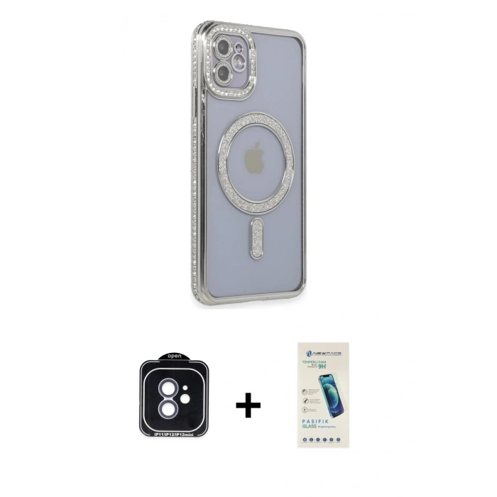 MARSİLYAN™- iPhone 11 Kılıf Zirve Doku Prime - Şeffaf Pasifik Cam Ekran Koruyucu + PVD Metal Kamera Lens - MI