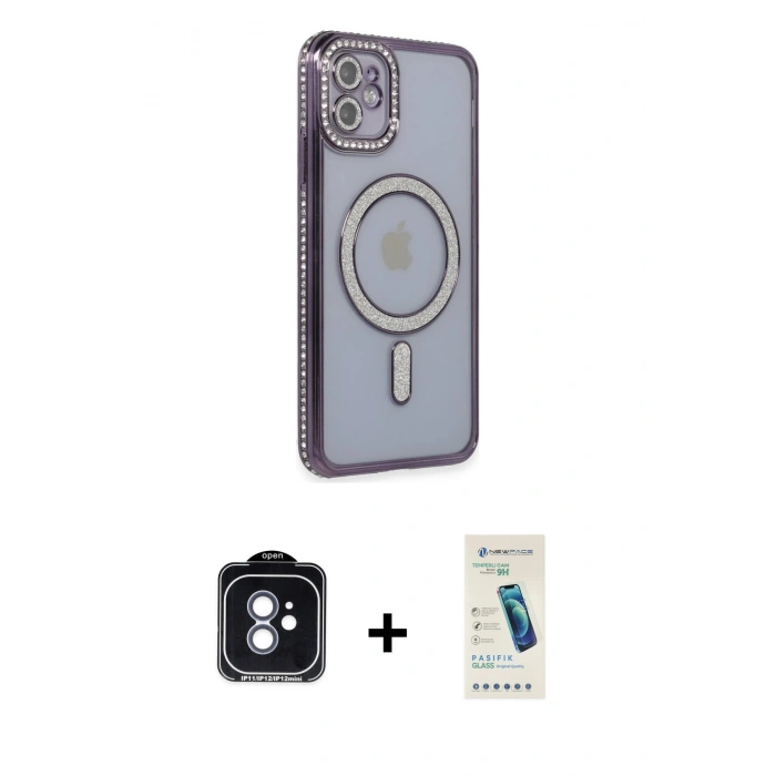 MARSİLYAN™- iPhone 11 Kılıf Zirve Doku Prime - Şeffaf Pasifik Cam Ekran Koruyucu + PVD Metal Kamera Lens - MI