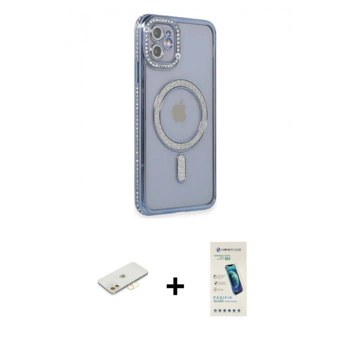 MARSİLYAN™- iPhone 11 Kılıf Zirve Doku Prime - Şeffaf Pasifik Cam Ekran Koruyucu + Renkli Kamera Lens Koruma Cam - SI