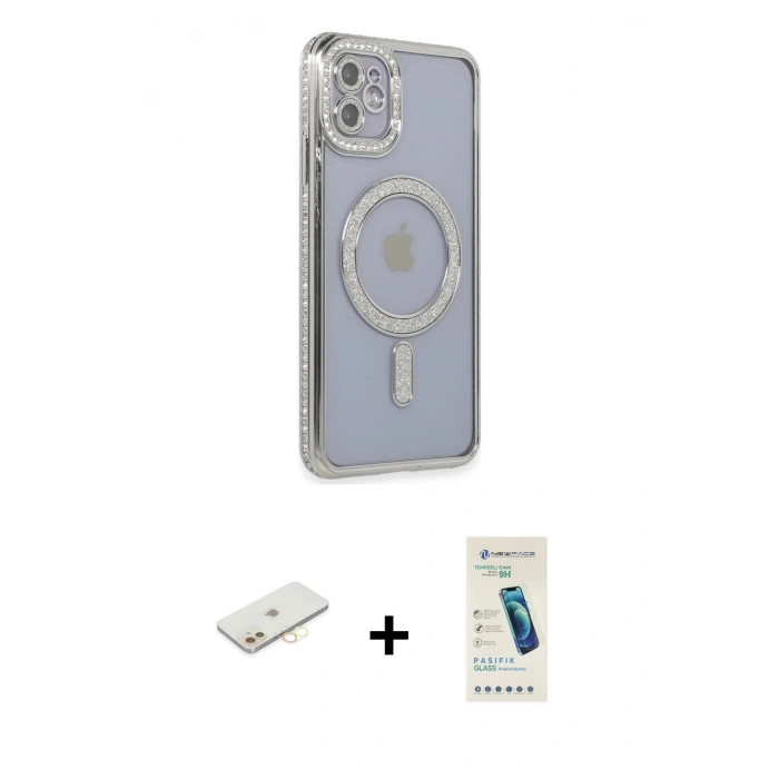 MARSİLYAN™- iPhone 11 Kılıf Zirve Doku Prime - Şeffaf Pasifik Cam Ekran Koruyucu + Renkli Kamera Lens Koruma Cam - SI