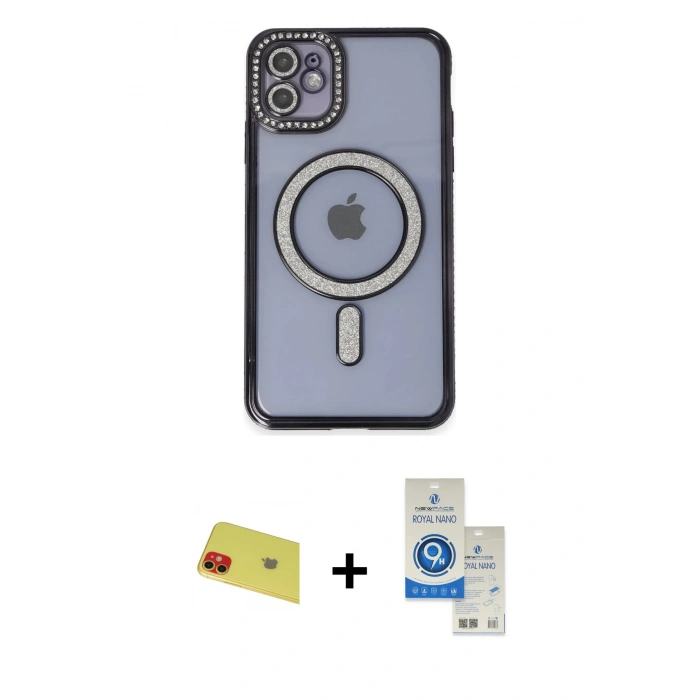 MARSİLYAN™- iPhone 11 Kılıf Zirve Doku Prime - Şeffaf Royal Nano Ekran Koruyucu + Rainbow Kamera Lens Koruma Cam - KI