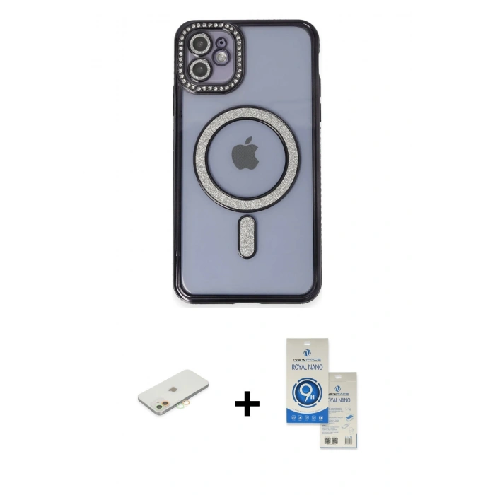 MARSİLYAN™- iPhone 11 Kılıf Zirve Doku Prime - Şeffaf Royal Nano Ekran Koruyucu + Renkli Kamera Lens Koruma Cam - TU