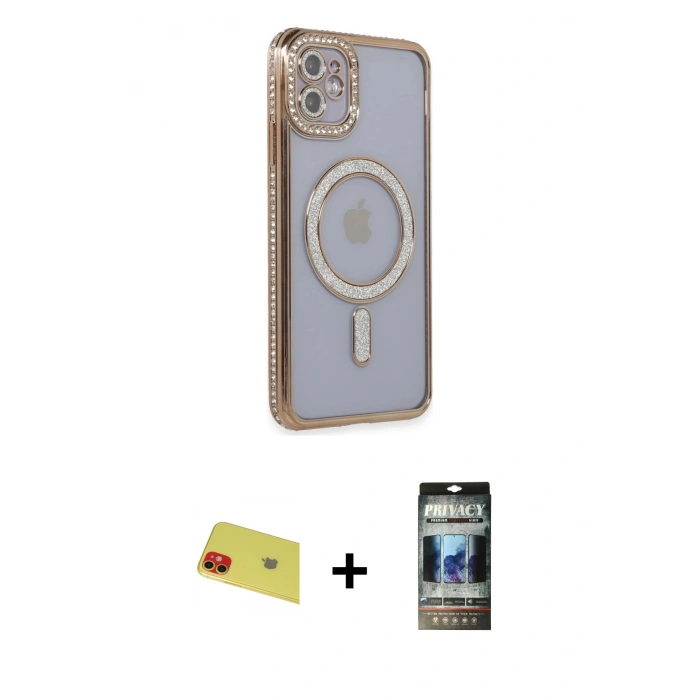 MARSİLYAN™- iPhone 11 Kılıf Zirve Doku Prime - Siyah 34D Hayalet Izgaralı Cam + Rainbow Kamera Lens Koruma Cam - KI