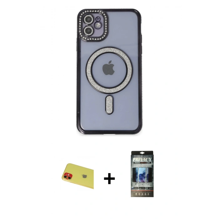 MARSİLYAN™- iPhone 11 Kılıf Zirve Doku Prime - Siyah 34D Hayalet Izgaralı Cam + Rainbow Kamera Lens Koruma Cam - KI