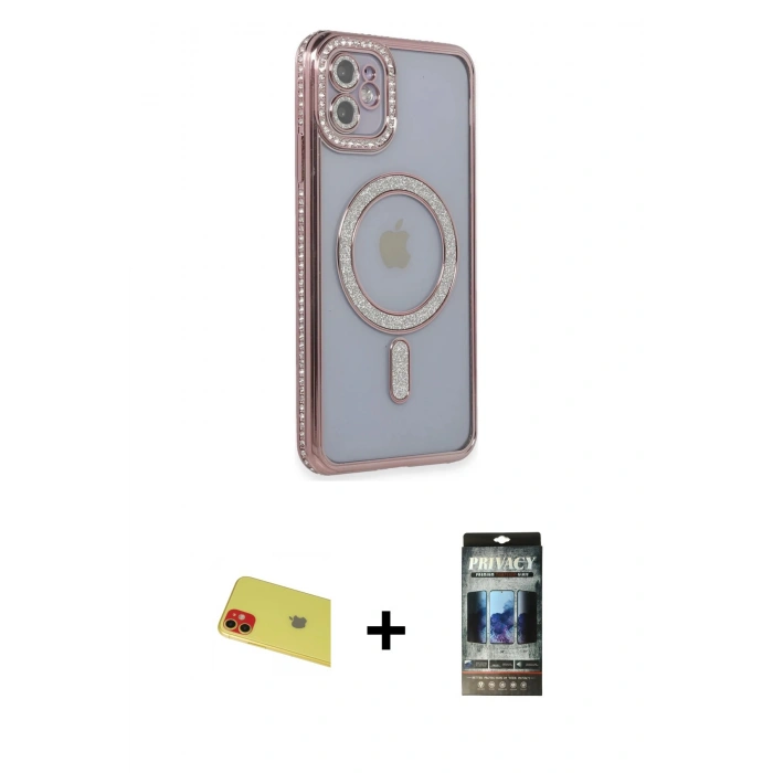 MARSİLYAN™- iPhone 11 Kılıf Zirve Doku Prime - Siyah 34D Hayalet Izgaralı Cam + Rainbow Kamera Lens Koruma Cam - KI