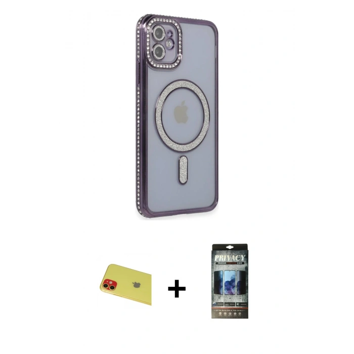 MARSİLYAN™- iPhone 11 Kılıf Zirve Doku Prime - Siyah 34D Hayalet Izgaralı Cam + Rainbow Kamera Lens Koruma Cam - KI