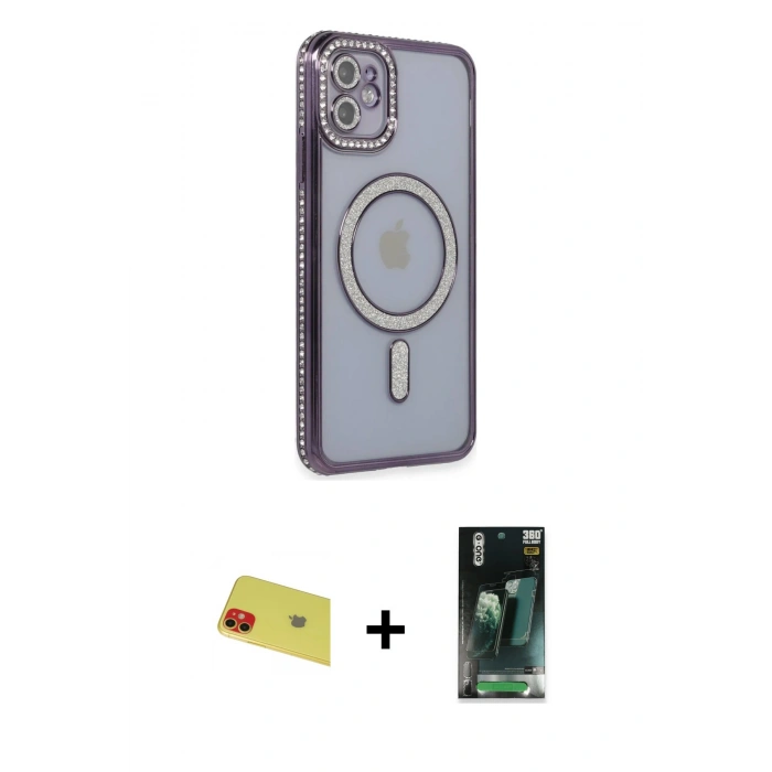 MARSİLYAN™- iPhone 11 Kılıf Zirve Doku Prime - Siyah 360 Mat Full Body Arka Koruyucu + Rainbow Kamera Lens Koruma Cam - KI