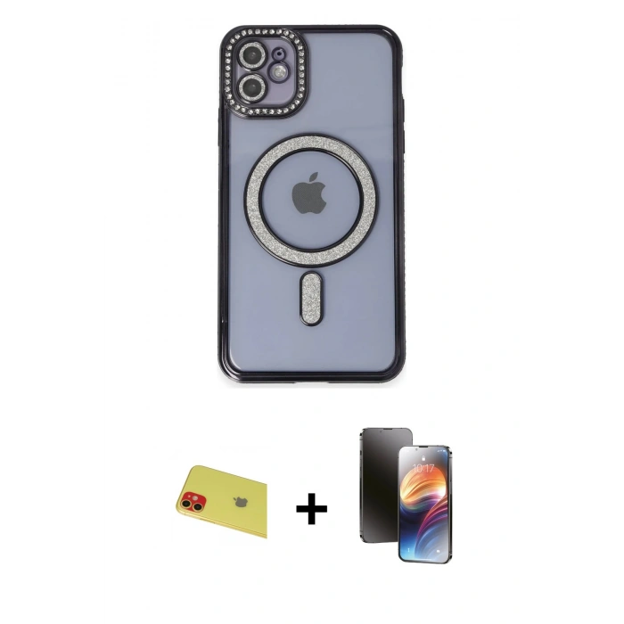 MARSİLYAN™- iPhone 11 Kılıf Zirve Doku Prime - Siyah 3D Antistatik Mat Seramik Nano Ekran Koruyucu + Rainbow Kamera Lens Koruma Cam - KI
