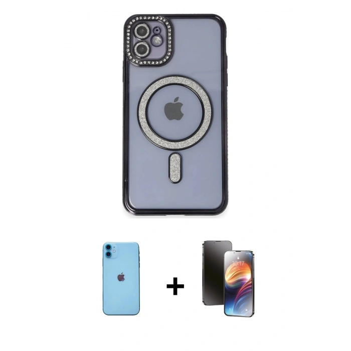 MARSİLYAN™- iPhone 11 Kılıf Zirve Doku Prime - Siyah 3D Antistatik Mat Seramik Nano Ekran Koruyucu + Neon Fosforlu Kamera Lens - MI