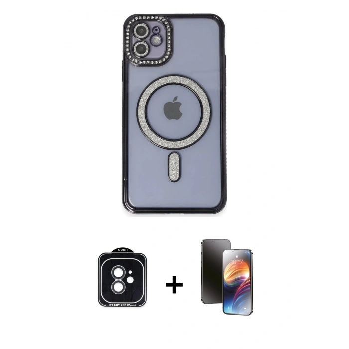 MARSİLYAN™- iPhone 11 Kılıf Zirve Doku Prime - Siyah 3D Antistatik Mat Seramik Nano Ekran Koruyucu + PVD Metal Kamera Lens - SH