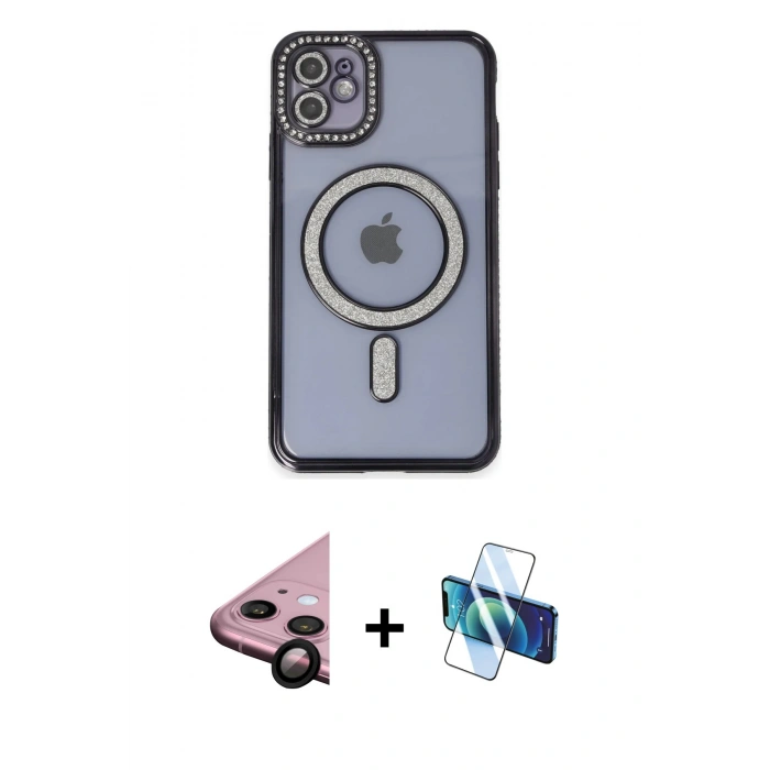 MARSİLYAN™- iPhone 11 Kılıf Zirve Doku Prime - Siyah 3D Antistatik Seramik Nano Ekran Koruyucu + Raze Metal Kamera Lens - SH
