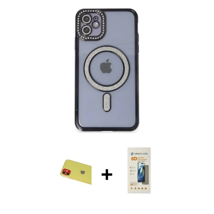 MARSİLYAN™- iPhone 11 Kılıf Zirve Doku Prime - Siyah 6D Mat Seramik Hayalet Nano Ekran Koruyucu + Rainbow Kamera Lens Koruma Cam - KI