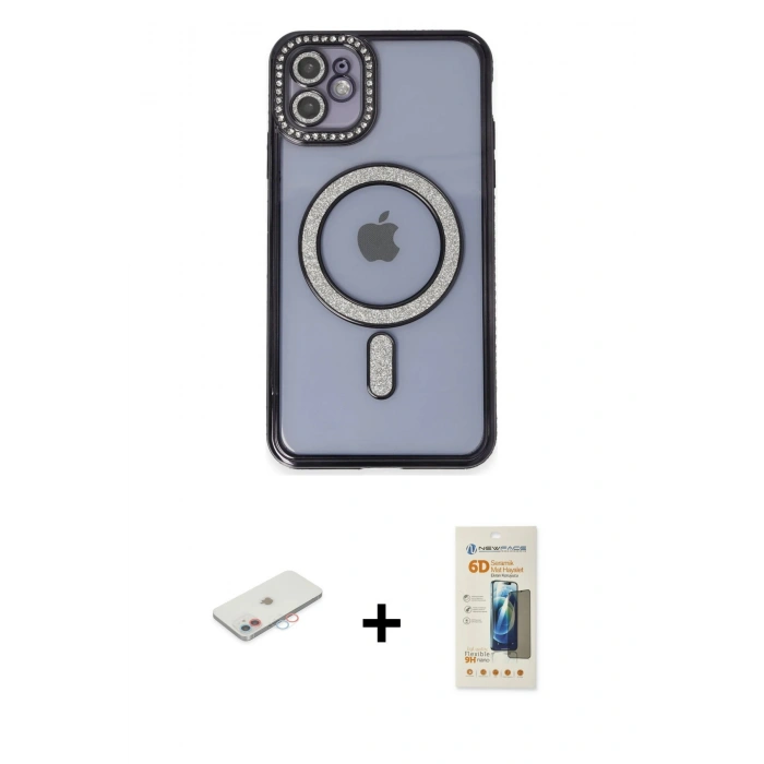 MARSİLYAN™- iPhone 11 Kılıf Zirve Doku Prime - Siyah 6D Mat Seramik Hayalet Nano Ekran Koruyucu + Renkli Kamera Lens Koruma Cam - PE