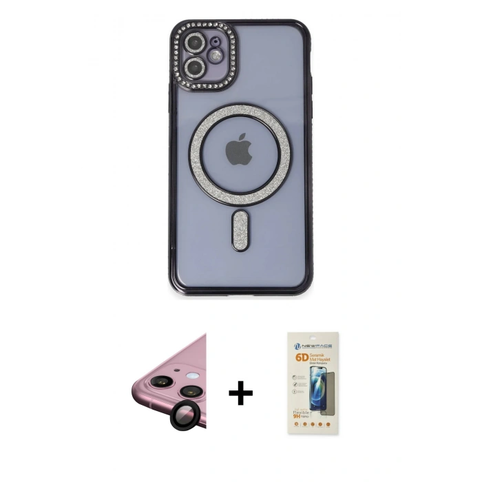 MARSİLYAN™- iPhone 11 Kılıf Zirve Doku Prime - Siyah 6D Mat Seramik Hayalet Nano Ekran Koruyucu + Raze Metal Kamera Lens - SH