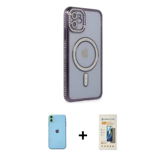 MARSİLYAN™- iPhone 11 Kılıf Zirve Doku Prime - Siyah 6D Mat Seramik Hayalet Nano Ekran Koruyucu + Neon Fosforlu Kamera Lens - YL