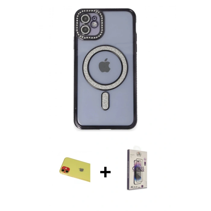 MARSİLYAN™- iPhone 11 Kılıf Zirve Doku Prime - Siyah Bilvis 3D Cam Ekran Koruyucu + Rainbow Kamera Lens Koruma Cam - KI