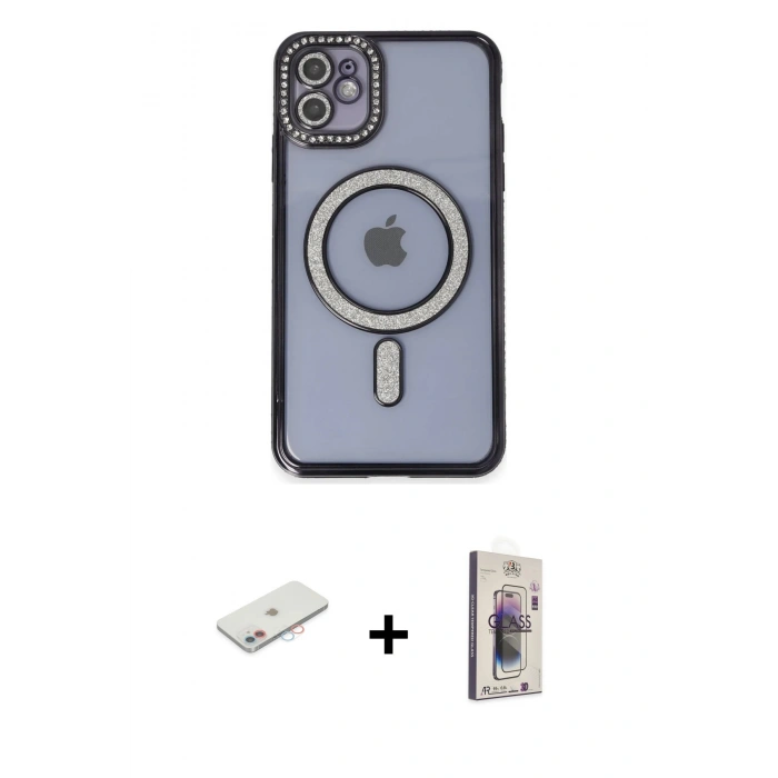 MARSİLYAN™- iPhone 11 Kılıf Zirve Doku Prime - Siyah Bilvis 3D Cam Ekran Koruyucu + Renkli Kamera Lens Koruma Cam - PE