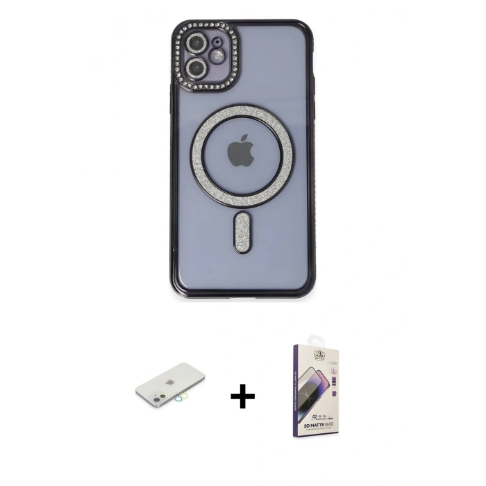 MARSİLYAN™- iPhone 11 Kılıf Zirve Doku Prime - Siyah Bilvis 3D Mat Cam Ekran Koruyucu + Renkli Kamera Lens Koruma Cam - SI