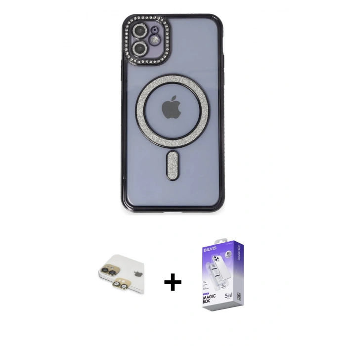 MARSİLYAN™- iPhone 11 Kılıf Zirve Doku Prime - Siyah Bilvis 5in1 3D Magic Cam Ekran Koruyucu + Gold Pers Alüminyum Kamera Lens