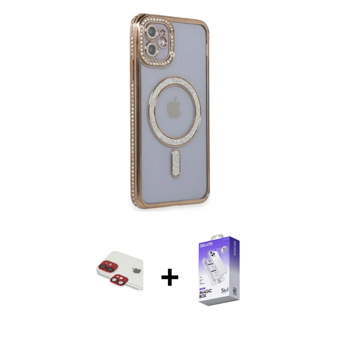 MARSİLYAN™- iPhone 11 Kılıf Zirve Doku Prime - Siyah Bilvis 5in1 3D Magic Cam Ekran Koruyucu + Kırmızı Pers Alüminyum Kamera Lens