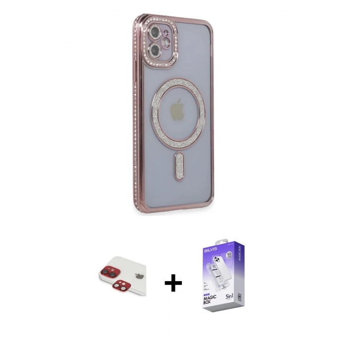 MARSİLYAN™- iPhone 11 Kılıf Zirve Doku Prime - Siyah Bilvis 5in1 3D Magic Cam Ekran Koruyucu + Kırmızı Pers Alüminyum Kamera Lens