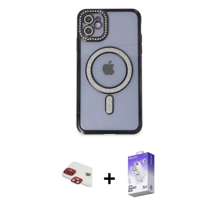MARSİLYAN™- iPhone 11 Kılıf Zirve Doku Prime - Siyah Bilvis 5in1 3D Magic Cam Ekran Koruyucu + Kırmızı Pers Alüminyum Kamera Lens