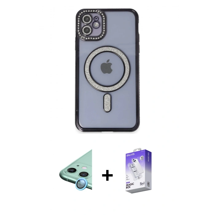 MARSİLYAN™- iPhone 11 Kılıf Zirve Doku Prime - Siyah Bilvis 5in1 3D Magic Cam Ekran Koruyucu + Raze Metal Kamera Lens - MI