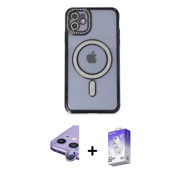 MARSİLYAN™- iPhone 11 Kılıf Zirve Doku Prime - Siyah Bilvis 5in1 3D Magic Cam Ekran Koruyucu + Raze Metal Kamera Lens - MR