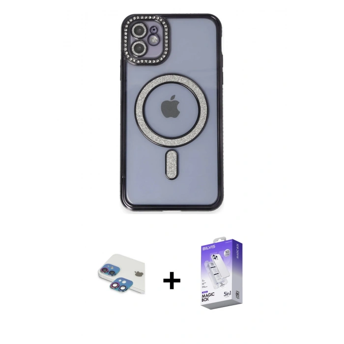 MARSİLYAN™- iPhone 11 Kılıf Zirve Doku Prime - Siyah Bilvis 5in1 3D Magic Cam Ekran Koruyucu + Pers Alüminyum Kamera Lens - GI