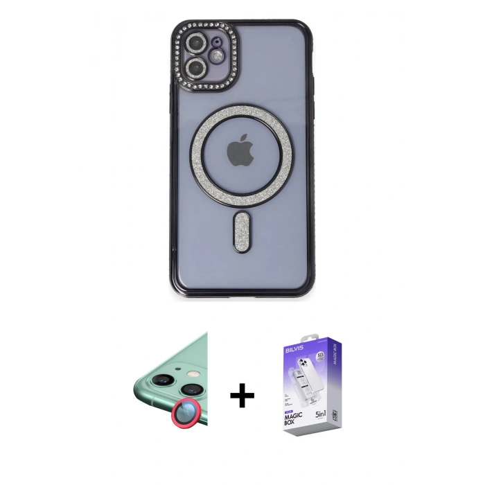 MARSİLYAN™- iPhone 11 Kılıf Zirve Doku Prime - Siyah Bilvis 5in1 3D Magic Cam Ekran Koruyucu + Raze Metal Kamera Lens - KI