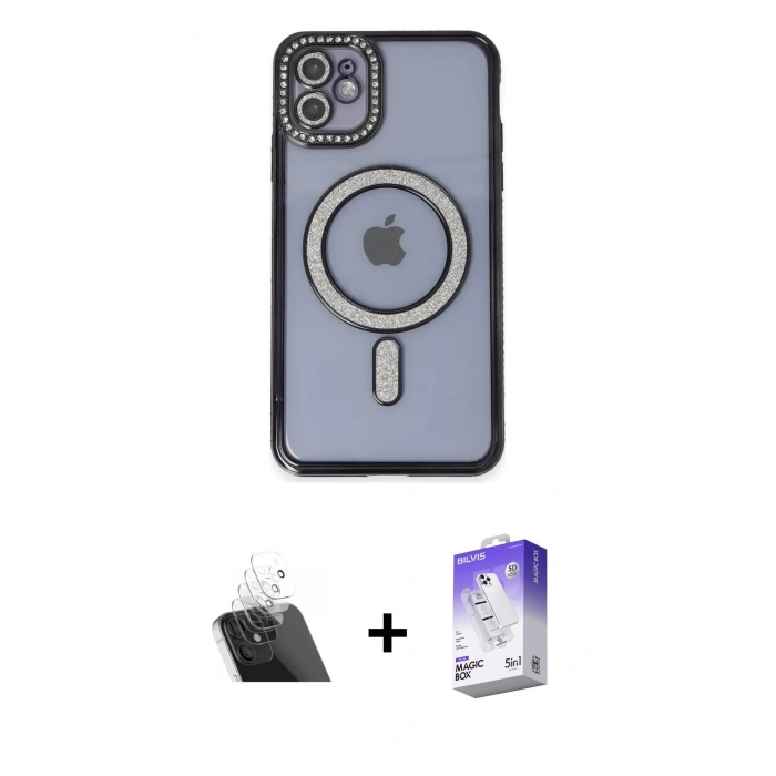MARSİLYAN™- iPhone 11 Kılıf Zirve Doku Prime - Siyah Bilvis 5in1 3D Magic Cam Ekran Koruyucu + Kamera Lens Koruma Cam - SF
