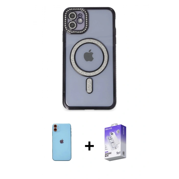 MARSİLYAN™- iPhone 11 Kılıf Zirve Doku Prime - Siyah Bilvis 5in1 3D Magic Cam Ekran Koruyucu + Neon Fosforlu Kamera Lens - TU