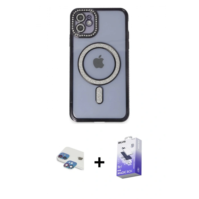 MARSİLYAN™- iPhone 11 Kılıf Zirve Doku Prime - Siyah Bilvis 5in1 5D Magic Hayalet Cam Ekran Koruyucu + Pers Alüminyum Kamera Lens - GI