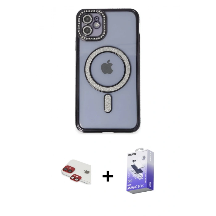MARSİLYAN™- iPhone 11 Kılıf Zirve Doku Prime - Siyah Bilvis 5in1 5D Magic Hayalet Cam Ekran Koruyucu + Pers Alüminyum Kamera Lens - KI