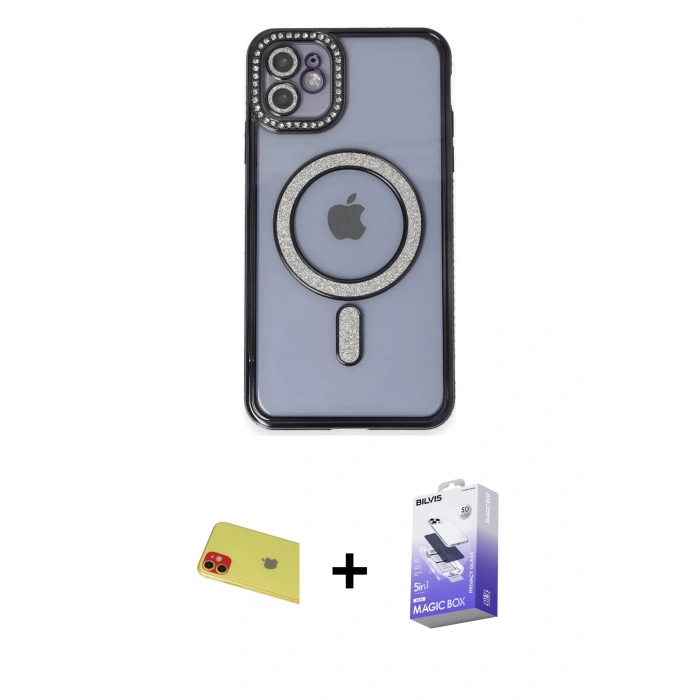 MARSİLYAN™- iPhone 11 Kılıf Zirve Doku Prime - Siyah Bilvis 5in1 5D Magic Hayalet Cam Ekran Koruyucu + Rainbow Kamera Lens Koruma Cam - KI