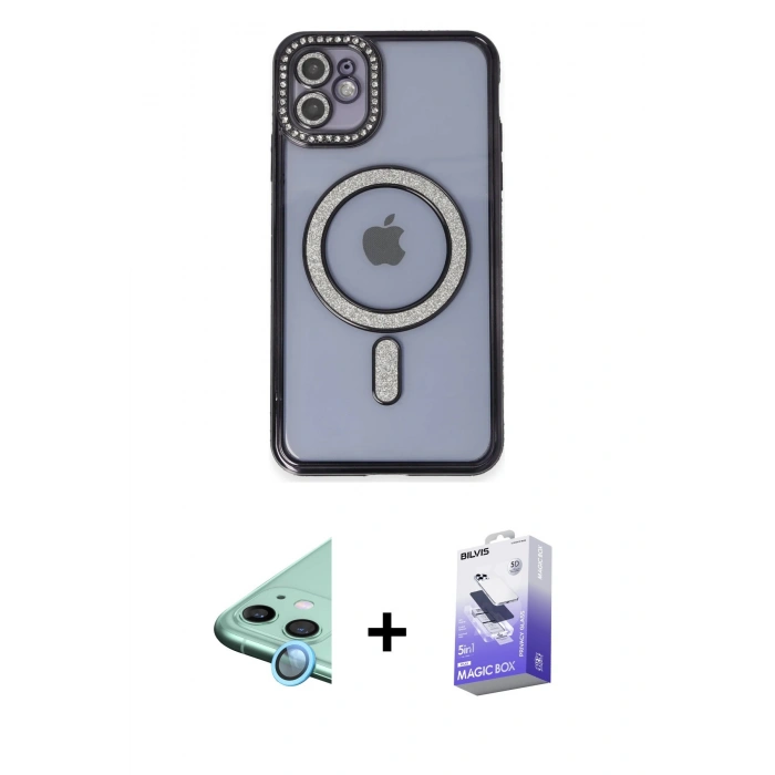 MARSİLYAN™- iPhone 11 Kılıf Zirve Doku Prime - Siyah Bilvis 5in1 5D Magic Hayalet Cam Ekran Koruyucu + Raze Metal Kamera Lens - MI