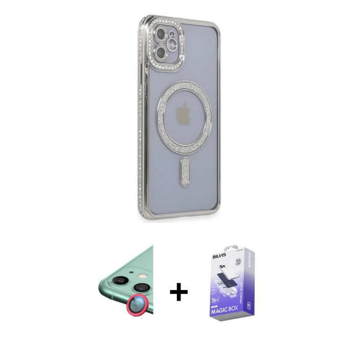 MARSİLYAN™- iPhone 11 Kılıf Zirve Doku Prime - Siyah Bilvis 5in1 5D Magic Hayalet Cam Ekran Koruyucu + Raze Metal Kamera Lens - KI