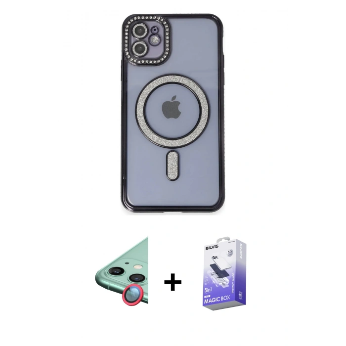 MARSİLYAN™- iPhone 11 Kılıf Zirve Doku Prime - Siyah Bilvis 5in1 5D Magic Hayalet Cam Ekran Koruyucu + Raze Metal Kamera Lens - KI