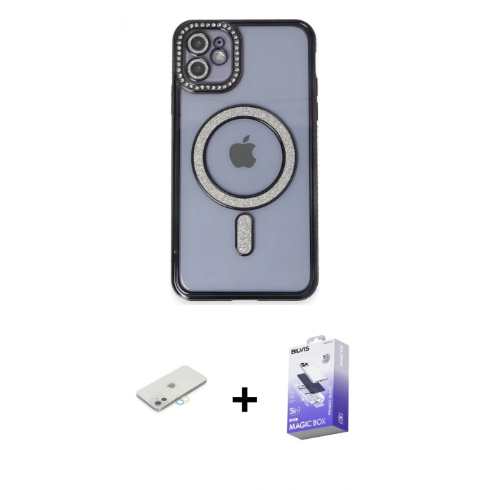 MARSİLYAN™- iPhone 11 Kılıf Zirve Doku Prime - Siyah Bilvis 5in1 5D Magic Hayalet Cam Ekran Koruyucu + Renkli Kamera Lens Koruma Cam - SI