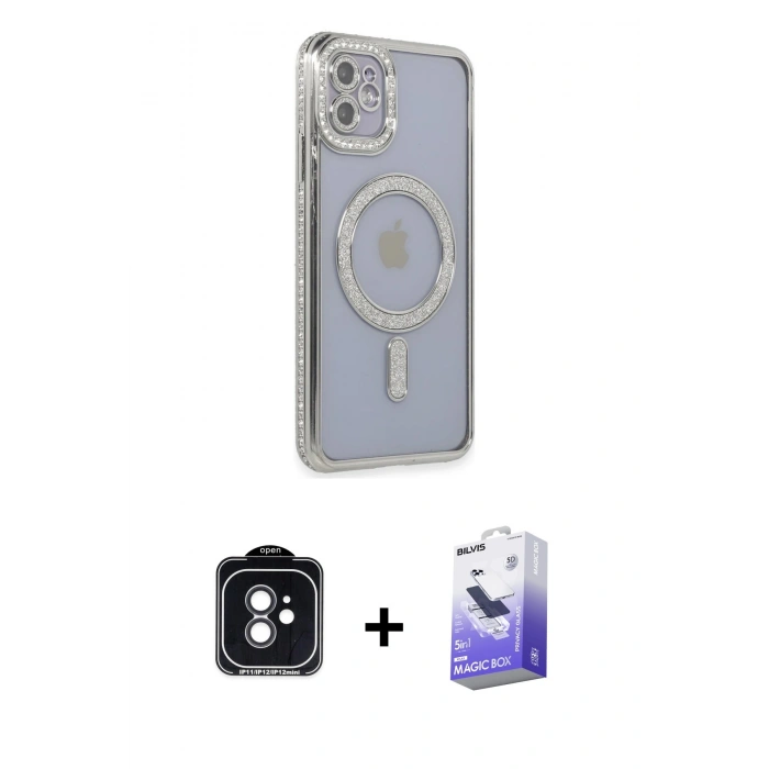 MARSİLYAN™- iPhone 11 Kılıf Zirve Doku Prime - Siyah Bilvis 5in1 5D Magic Hayalet Cam Ekran Koruyucu + PVD Metal Kamera Lens - SH